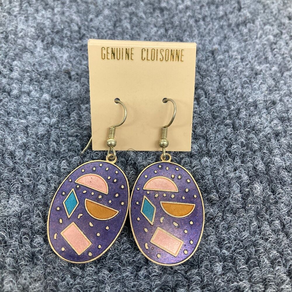 Genuine Cloisonne Oval Dangle Earrings Purple Pink Blue Gold Tone Fashion